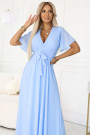  545-2 Long dress with pleated neckline and tie - light blue 
