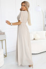  545-3 Long dress with pleated neckline and tie - beige 