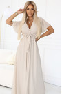  545-3 Long dress with pleated neckline and tie - beige 