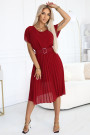  465-5 MIA Pleated Chiffon Midi Dress with Wide Belt - Burgundy 