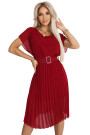  465-5 MIA Pleated Chiffon Midi Dress with Wide Belt - Burgundy 