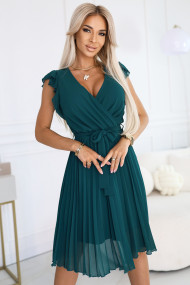  374-8 POLINA Pleated dress with a neckline and ruffles - green 