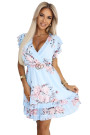  468-3 PATRIZIA dress with an envelope neckline, belt and short sleeves - light blue with roses 