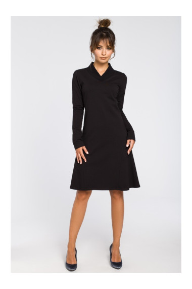 B044 Trapeze dress with ribbed trim finishing- black