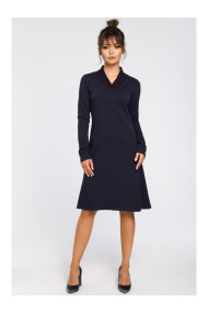 B044 Trapeze dress with ribbed trim finishing- navy blue