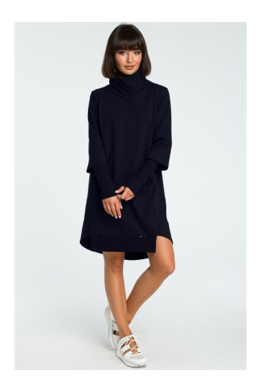B089 Asymmetric roll neck dress - navy blue