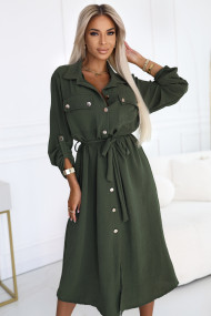  531-5 Midi Shirt Dress with Gold Buttons and Tie - KHAKI 
