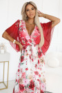  603-1 Airy wrap maxi dress with floral pattern red roses 