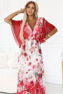  603-1 Airy wrap maxi dress with floral pattern red roses 