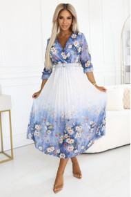  605-1 Feminine airy midi dress with envelope neckline and pleats light blue with wildflowers 
