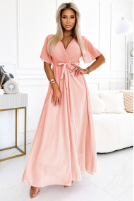  545-4 Long dress with pleated neckline and tie - peach color 