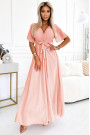  545-4 Long dress with pleated neckline and tie - peach color 