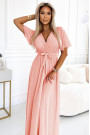 545-4 Long dress with pleated neckline and tie - peach color 