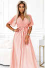  545-4 Long dress with pleated neckline and tie - peach color 