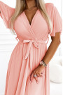  545-4 Long dress with pleated neckline and tie - peach color 