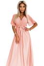  545-4 Long dress with pleated neckline and tie - peach color 