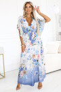  603-3 Airy wrap maxi dress with floral pattern blue roses 