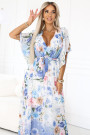  603-3 Airy wrap maxi dress with floral pattern blue roses 