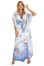  603-3 Airy wrap maxi dress with floral pattern blue roses 