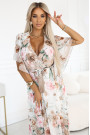  603-2 Airy wrap maxi dress with floral pattern beige roses 