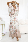  603-2 Airy wrap maxi dress with floral pattern beige roses 