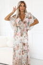  603-2 Airy wrap maxi dress with floral pattern beige roses 