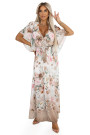  603-2 Airy wrap maxi dress with floral pattern beige roses 