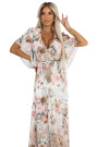 603-2 Airy wrap maxi dress with floral pattern beige roses 