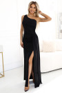  600-1 SELENA stunning long one-shoulder dress with glitter shine and a slit on the leg BLACK 