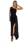  600-1 SELENA stunning long one-shoulder dress with glitter shine and a slit on the leg BLACK 