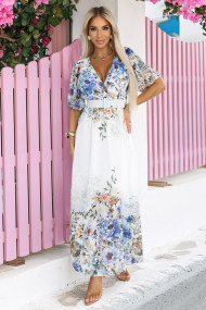  613-1 CELINA Airy maxi dress with envelope neckline, belt and floral ombre - light blue 