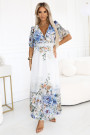  613-1 CELINA Airy maxi dress with envelope neckline, belt and floral ombre - light blue 