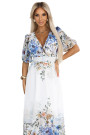  613-1 CELINA Airy maxi dress with envelope neckline, belt and floral ombre - light blue 