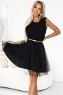  454-5 GRETA lace dress with tulle skirt and gold belt - black 
