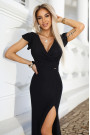  598-1 IRINA dazzling long black dress with glitter, wrap neckline and slit on the leg | Numoco 