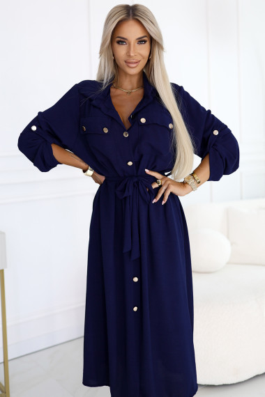  531-6 Midi Shirt Dress with Gold Buttons and Tie - Navy Blue 