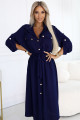  531-6 Midi Shirt Dress with Gold Buttons and Tie - Navy Blue 