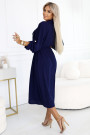  531-6 Midi Shirt Dress with Gold Buttons and Tie - Navy Blue 