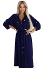  531-6 Midi Shirt Dress with Gold Buttons and Tie - Navy Blue 