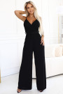  593-3 Elegant Jumpsuit with Wrap Neckline, Wide Legs and Belt Black 