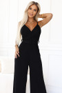  593-3 Elegant Jumpsuit with Wrap Neckline, Wide Legs and Belt Black 