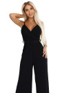  593-3 Elegant Jumpsuit with Wrap Neckline, Wide Legs and Belt Black 