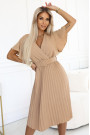  607-2 LYRA pleated midi dress with envelope neckline and wide belt - caramel 