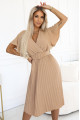  607-2 LYRA pleated midi dress with envelope neckline and wide belt - caramel 