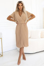  607-2 LYRA pleated midi dress with envelope neckline and wide belt - caramel 