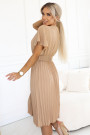  607-2 LYRA pleated midi dress with envelope neckline and wide belt - caramel 