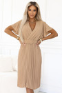  607-2 LYRA pleated midi dress with envelope neckline and wide belt - caramel 