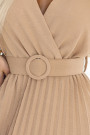  607-2 LYRA pleated midi dress with envelope neckline and wide belt - caramel 