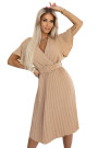  607-2 LYRA pleated midi dress with envelope neckline and wide belt - caramel 