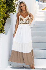  612-1 Long beige and white strapless dress with crochet top - boho 